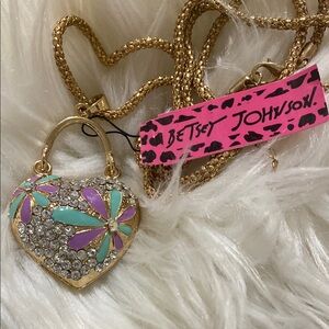 Betsey Johnson Gold Heart Necklace with Crystal and Floral Accents 🩵💜